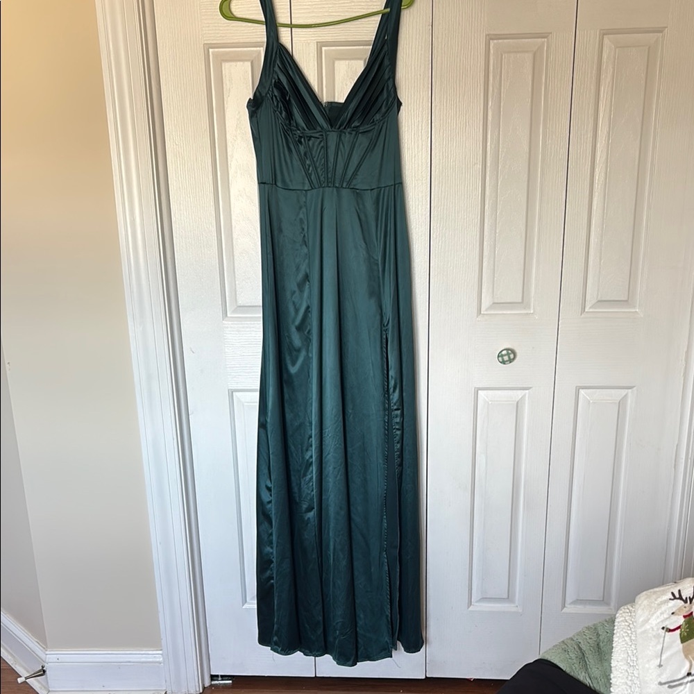 Windsor Green Ruched Slit Gown for Wedding Guest